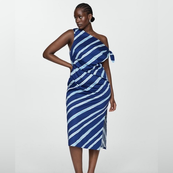 Mango Tie Shoulder 100% Cotton Striped Print Gathered Waist Side Slit Dress NWT - Picture 5 of 13